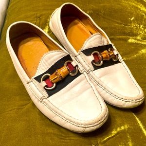 Gucci Bamboo Bit Loafers Womens US 7 White Leather Driving Mocs Slip On Shoes
